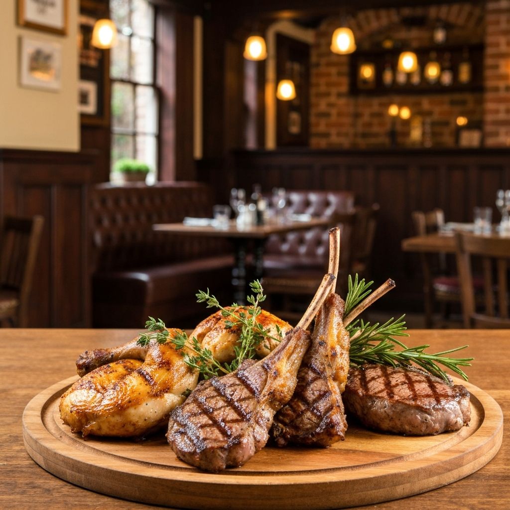 Grilled and roasted meat dishes with herbs